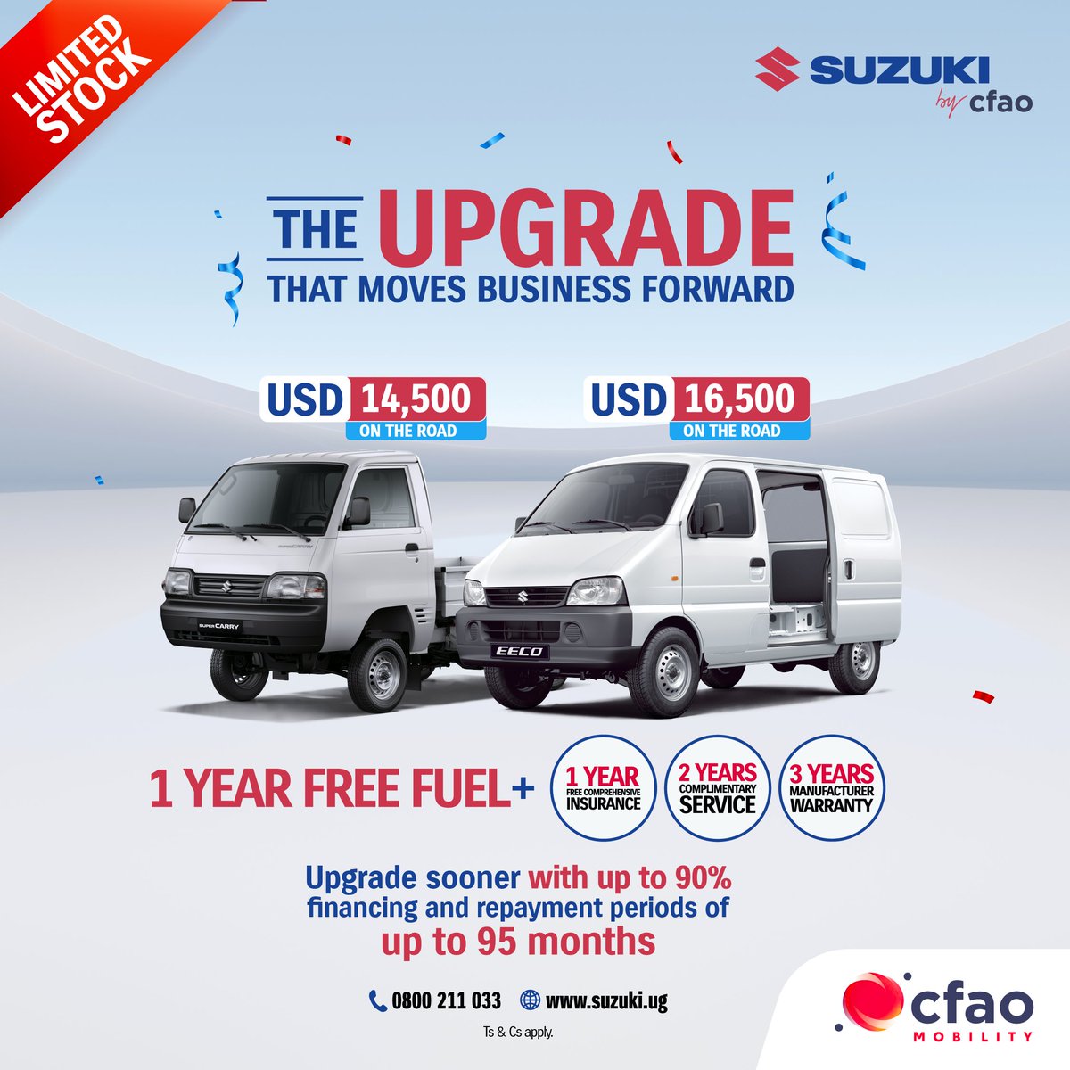 suzuki_ug_'s tweet photo. Your business deserves a vehicle that works as hard as you do.

We have Suzukis built to help your business go further while keeping ownership costs predictable. Available with flexible financing of up to 90% with repayment periods of up to 95 months.

SuzukiUpgrade SuzukiUg