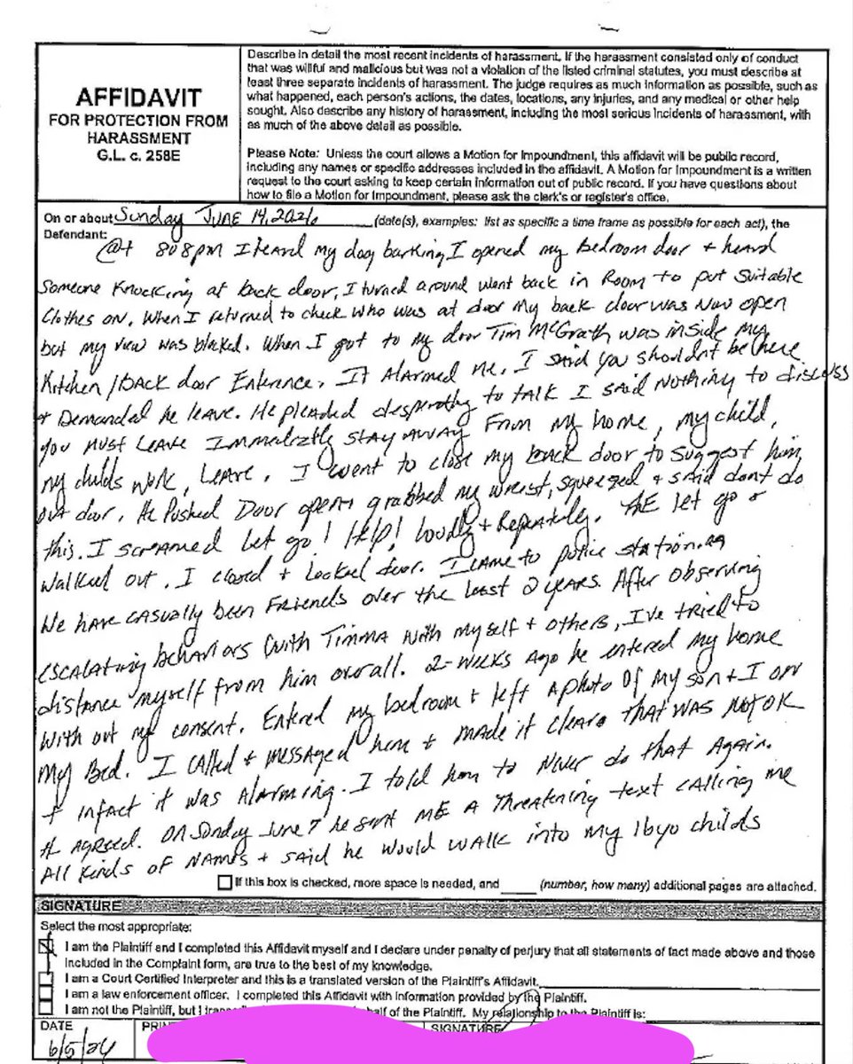 DoctorTurtleboy's tweet photo. Domestic violence is not OK and should be called out regardless of whether or not its from a Karen Read supporter. Tim McGrath (@perkboy29) is a regular "boots on the ground" outside of Karen's hearings, who has preyed on women he met doing this. One of them recently was granted a full year order against him in Stoughton District Court. He broke into the victim's house after she rejected his advances because he wanted to "talk." He grabbed her wrists when she tried to close the door on him and told him to leave, prompting her to scream "Help, let got!" It wasn't the first break in either. Two weeks prior to this "Timma" broke into her home and left a framed picture of the victim and her son on her bed. He then sent her a threatening text message telling her he would go to her 16 year old son's place of employment, and ended up following through on this threat when the boy wasn't working. Timma then began showing up at the church service the victim attends on Sunday. Not surprising the court issued the full year order after a 2 party hearing revealed this stalking behavior, and Stoughton Police have filed a criminal complaint application for A&B which is set to go in front of a clerk magistrate. 

Tim McGrath has a long and documented history in Rhode Island, including a 2020 domestic violence charge in Woonsocket, a State Police cyberstalking charge, and had his bond revoked and was held without bail after violating the no contact order with the victim. He was given bail and recognizance conditions again in April of 2025 (while standing outside the Read trial) for this now 5 year old case. 

Despite this he is still welcomed by "boots on the ground" @DennisSwee8265, who does not allow FKR supporters to also support Turtleboy. According to one woman I spoke with: 

"The way we've all been treated and black listed by the Sweeneys is crazy  just for supporting you. And they've had their group brainwashed to hate us too. Then to know what happened to the person and see the Sweeneys stand by him is crazy."

Tim McGrath is an unbalanced, violent, domestic abusing psychopath, enabled by the Sweeneys, who think they have ownership over FKR because they stand outside court dates holding a flag. He should stay far, far away from Karen Read.