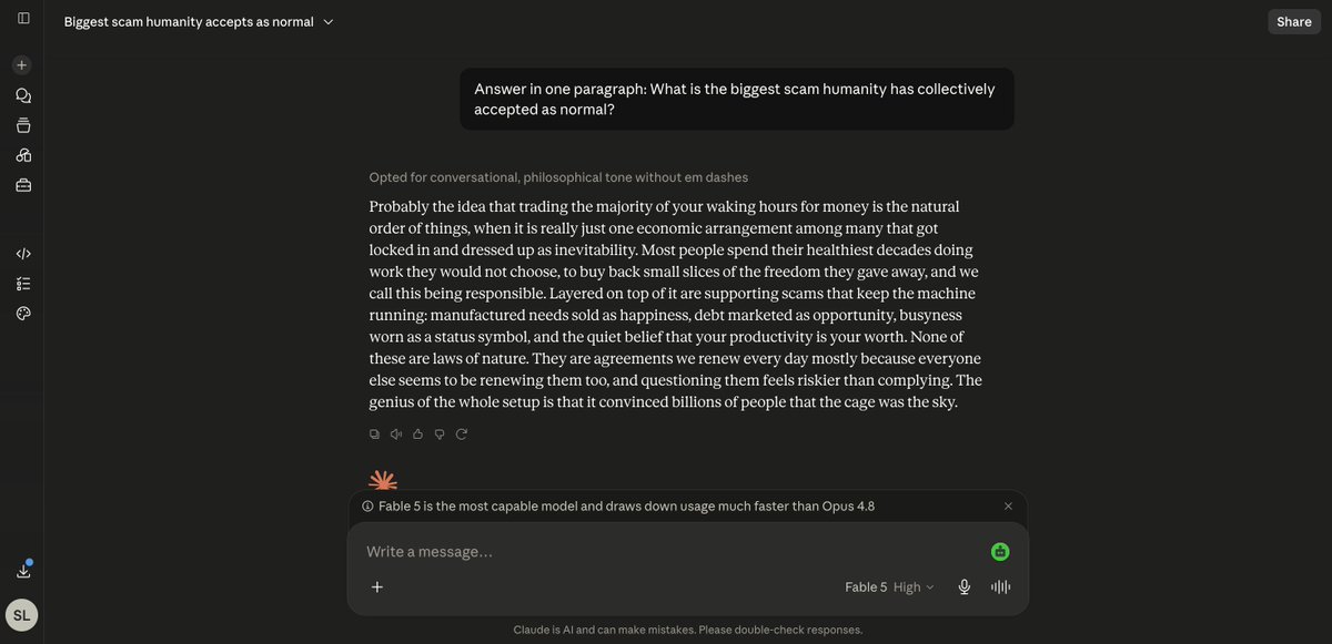 agentsmaxxing's tweet photo. biggest scam humanity accepted as normal according to CLAUDE https://t.co/9JMD8XTrfb