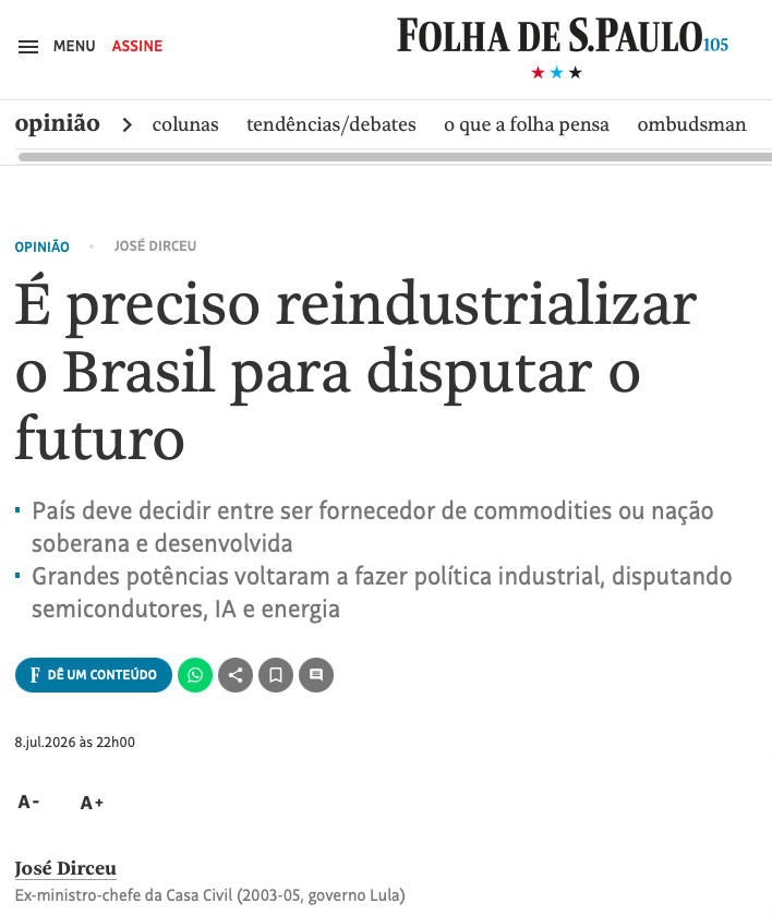 WeiseFranklin's tweet photo. José Dirceu escreveu esta coluna para a Folha hoje, apontando os culpados de sempre: reprimarização, dependência tecnológica e juros altos.

O que ele esquece é que a perda de participação do PIB industrial ocorreu a despeito das gestões do PT (em rosa no gráfico), quando houve queda do setor - inclusive na gestão atual. Seriam então os fatores que ele aponta culpa do próprio partido? 

Obs.: no cenário futuro, ele coloca a IA na conta, sendo que IA entra em serviços. A rigor, se as empresas de IA aumentarem sua participação no PIB, menor será a participação da indústria de transformação. 
O debate de ideias está num nível muito baixo...