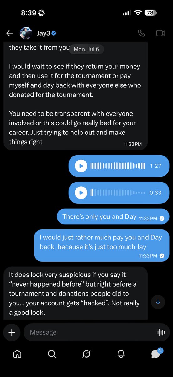 IcyPryncess's tweet photo. This is ALL OFFLINE when Jay first DMd me about it. July 6th! Was Sunday! I UPDATED him about what happened. I told people that I felt comfortable if the donations were in a safe place IN A BANK which is NORMAL FOR PPL TO HAVE!! As I don’t use PAYPAL doesn’t mean I DONT HAVE ONE?!?!? I USED IT because Jay asked me if I HAD one. How can you say you would wait for the refund which I’m trying to do, then not even wait to slander me while I’m trying to wait for the refund on business days?!!? MIND YOU SATURDAY AND SUNDAY FOR BANKS ARE NOT CONSIDERED BUSINESS DAYS!! You listened to what your community was saying and you succumbed to what they were saying in your ear. I said it got hacked because I THOUGHT that’s what happened I DID NOT KNOW THE FULL STORY BECAUSE I WASN’T THERE!!?!?? Yes my bf made a terrible judgement in opening his bank account and handing his phone to a stranger YES this is SO SO VERY STUPID TO DO!!! But he made a terrible terrible decision! You can call him names all you want but to act like this just “doesn’t happen to anyone” is so naive when you feel like you can see the good in people and trying to help some random person?!!!! You might say “oh I wouldn’t help a random person” but that’s just YOU! Thousands of ppl including myself would help someone in need?!! It just unfortunately backfired in our faces