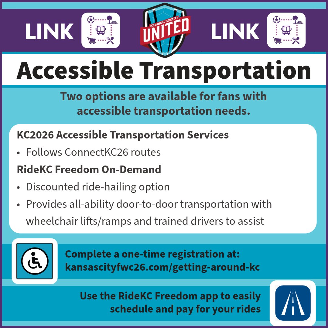 JoCoTransit's tweet photo. Heading to the matches? Accessible transit options like KC2026 Services &amp; RideKC Freedom On-Demand have you covered! Complete your one-time registration and download the app to easily schedule and pay for your rides.

Details here: https://t.co/Bq9Qsky08v https://t.co/wUVDkQAVgi