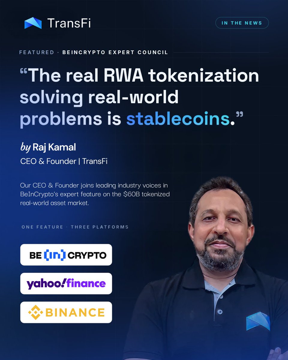 getTransFi's tweet photo. The tokenization debate is heating up: $60B in tokenized real-world assets, yet more than half showed zero weekly transfer activity.

So where is tokenization actually working today?

Our Founder & CEO @OneRajkamal shared his perspective in BeInCrypto's latest Expert Council feature, alongside leaders from Securitize, Raiku, D3, and Brickken:

Stablecoins are the RWA success story hiding in plain sight. Tokenized dollars are already moving billions across remittances, B2B flows, payroll, e-commerce, and treasury — faster, cheaper, and more predictably than legacy rails. And with institutions from PayPal to Western Union entering the space, we're still just scratching the surface of the multi-trillion-dollar payments market set to move on-chain.

The feature was also picked up by Yahoo Finance and Binance.

Read the full article: https://t.co/zhTmpDUWob

#Stablecoins #Tokenization #RWA #CrossBorderPayments #Fintech #TransFi