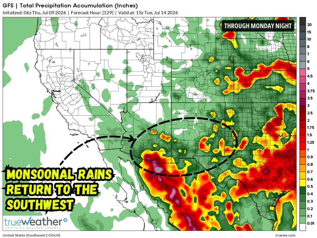 MarkShanaberger's tweet photo. #Monsoonal rains look to increase across the @Southwest late this weekend into early next week, with .5-1.5" likely across parts of southeast #Arizona and southern #NewMexico through Monday night. After a brief midweek break, #Rain chances may return farther north late next week. https://t.co/Y3BqZoPjN8