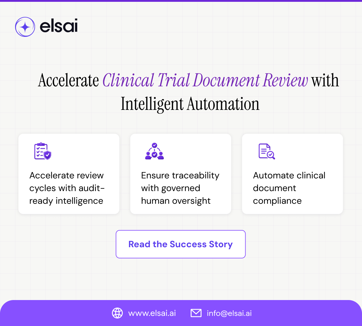 elsai_ai's tweet photo. See how a global life sciences organization transformed clinical document review with Governed AI:

✅ 75% less manual review 
✅ 90% fewer compliance checks
✅ 85% better audit readiness
✅ 3× higher review throughput

Read the success story: https://t.co/r10HdcONOn https://t.co/q4o0TQn9an