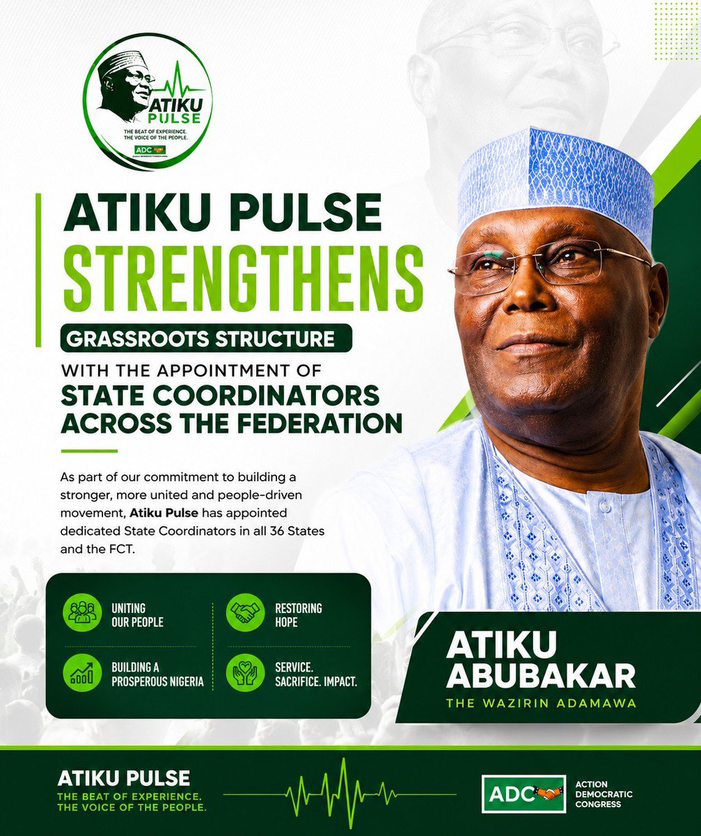 AtikupulseHQ's tweet photo. Nation-building begins with strong grassroots structures and purposeful leadership.

Atiku Pulse remains committed to unity, service, and a better Nigeria for all.

Together, we build. Together, we succeed.

@atiku @ADCNig @_dinomelaye @ADCVanguard_ https://t.co/414zmlwuQU