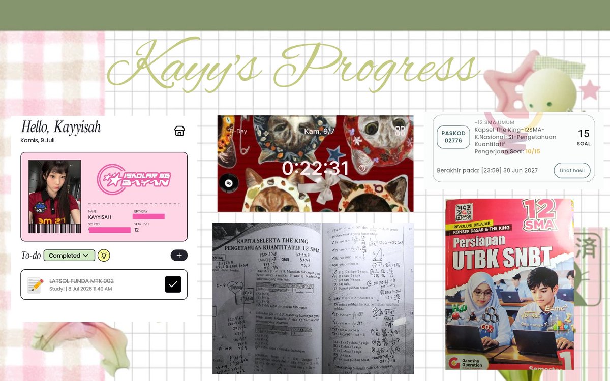 matchatrouble's tweet photo. ＊ °𝓼ㅤㅤKayy's Progress りが
#THURSDAY — 09/07/2026
 progress hari ini! cuma ngerjain funda mtk 003, pas mau lanjut ternyata ngantuk bgt sumpil, alhasil ga lanjut apa-apa :[[ habistuh masuk kelas GO dan dapat buku utbk snbt ++ langsung sikat selekta the king bahas pk 10 soal :3 https://t.co/WqcrhHjavq