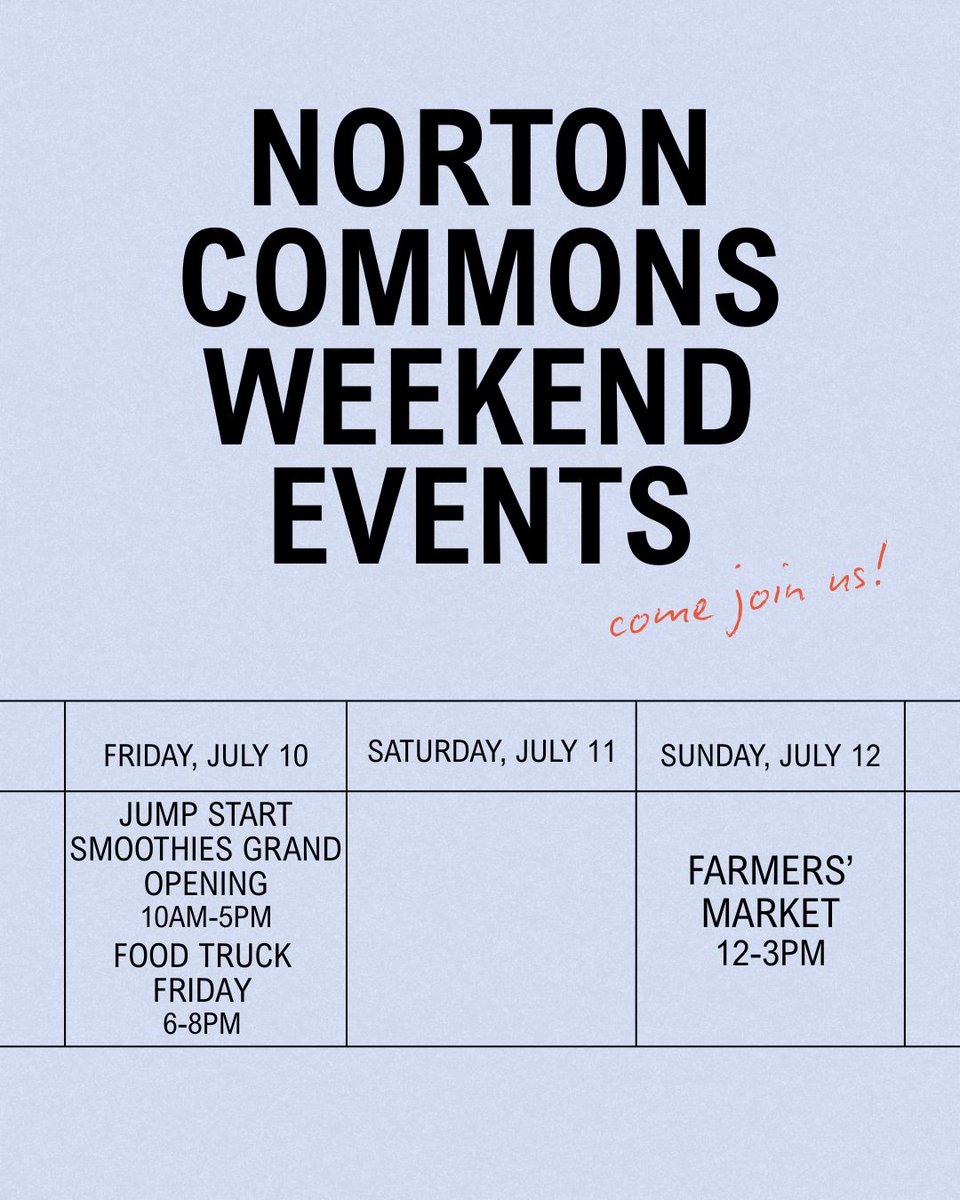 NortonCommonsKy's tweet photo. ✅ Jump Start Smoothies Grand Opening
Friday, July 10 10am-5pm
6308 Meeting Street

✅ Food Truck Friday
Friday, July 10 6-8pm
North Village Market

✅ Farmers’ Market
Sunday, July 12 12-3pm
North Village Market
#NortonCommonsLife https://t.co/VHeKhCru8Q