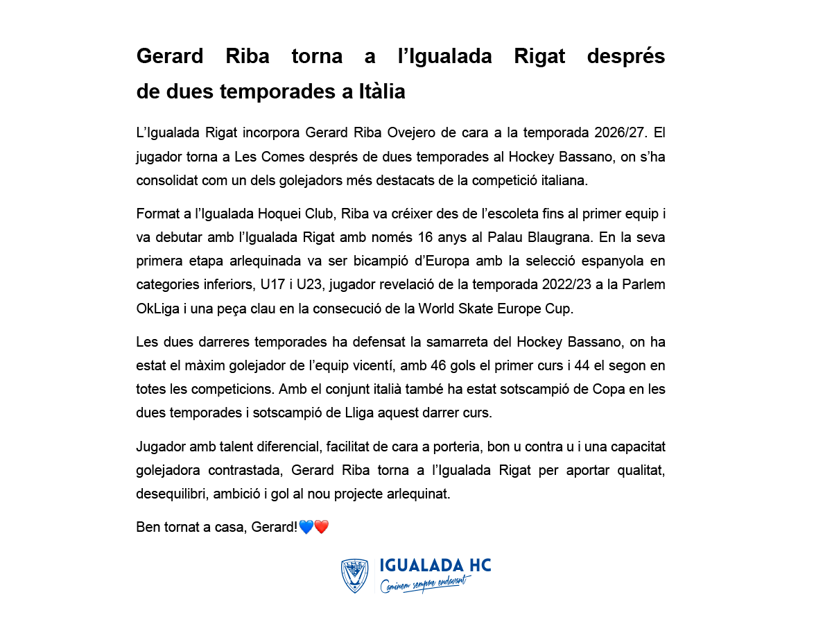 IgualadaHC's tweet photo. 💙GERARD RIBA ÉS ARLEQUINAT❤️

L’Igualada Rigat incorpora Gerard Riba Ovejero de cara a la temporada 2026/27. El jugador torna a Les Comes després de dues temporades, consolidat com un dels golejadors més destacats de la competició italiana.

Ben tornat a casa, Gerard!💙❤️ https://t.co/0zZb7nybyJ