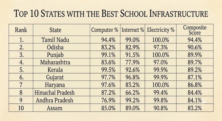 dmuthuk's tweet photo. Ministry of Education, Government of India, releases the Unified District Information System for Education Plus (UDISE+) report every year.

The latest report has been released.

It is India's comprehensive national database on school education, covering schools, teachers, students, infrastructure, enrolment, dropouts, and various performance indicators.

Key metrics include Gross Enrolment Ratio (GER), low dropout rates, strong infrastructure (toilets, electricity, digital facilities), high retention rates, and equity across gender and social categories.

Tamil Nadu and Kerala usually lead in most categories. The attached image shows the top 10 states with the best school infrastructure.

Tamil Nadu secures the top rank in the country for school infrastructure.