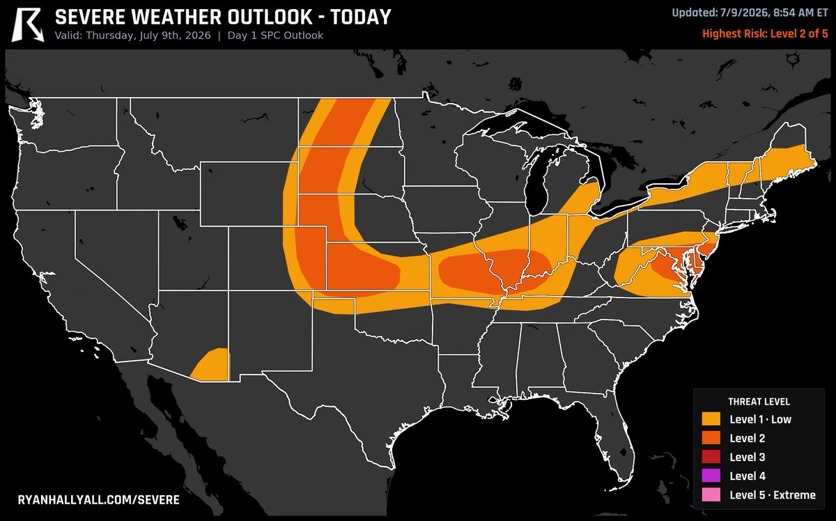 ryanhallyall's tweet photo. Level 2 of 5 today across a big stretch from Kansas and Missouri up into North Dakota.

Gusty, damaging winds are the main concern as storms clump together this afternoon. Up in North Dakota it's more of a hail play, with a couple stronger storms possible. Around Columbia, MO the busiest window runs 2-10 PM, peaking near 4.