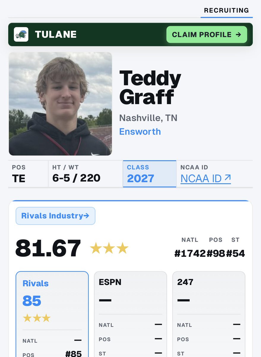teddy_graff's tweet photo. Blessed to be a 247 and On3 3⭐️

@Coach_Peavey @CoachTBarr @coachgregcotten @CoachDSanders @CoachDCHudson @XOScoaching @coachwilliams77 @RollDatWave @TailgateTulane @joe_spears7 @CSmithMedia @CSmithScout @AllenTrieu @CoachB_SVA https://t.co/knee3ZY14O