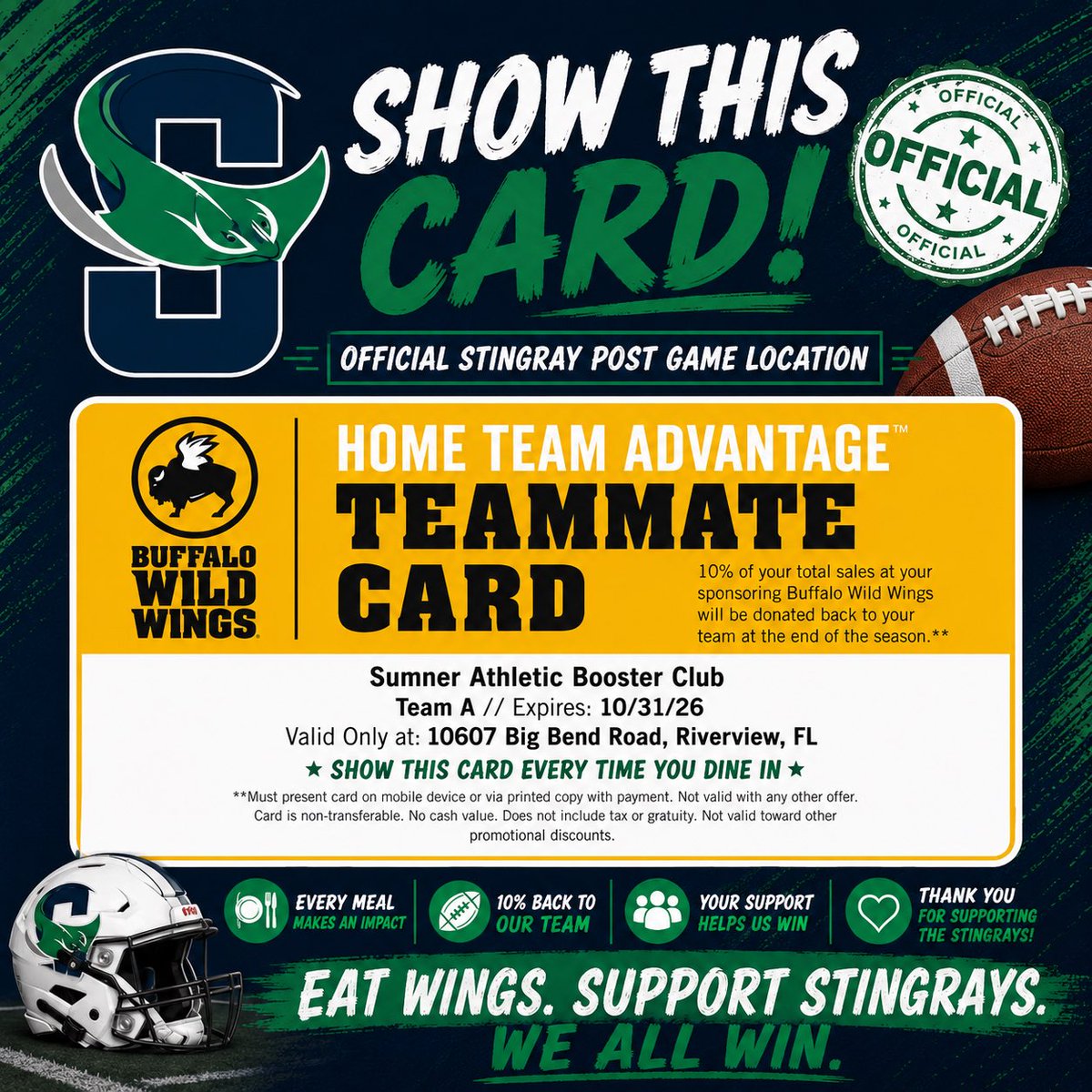 SumnerHSFootbal's tweet photo. 🏈 Please welcome the newest member of the Stingray team… Buffalo Wild Wings Riverview! 🍗💚

📲 SCREENSHOT this card, save it to your phone, and SHOW IT EVERY TIME you dine at Buffalo Wild Wings Riverview. Every visit helps support Sumner Football, with 10% donated back!! https://t.co/msjQ5E8LRX