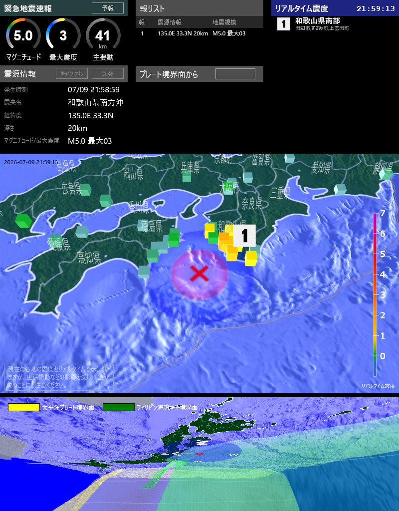 EqAlarm's tweet photo. [緊急地震速報] 21:59:12現在
第1報 予報
発生時刻：21:58:59
震央情報：和歌山県南方沖
震源情報：135.0E 33.3N 20km
地震規模：M5.0 最大震度：03 https://t.co/EEG1IWB4lH