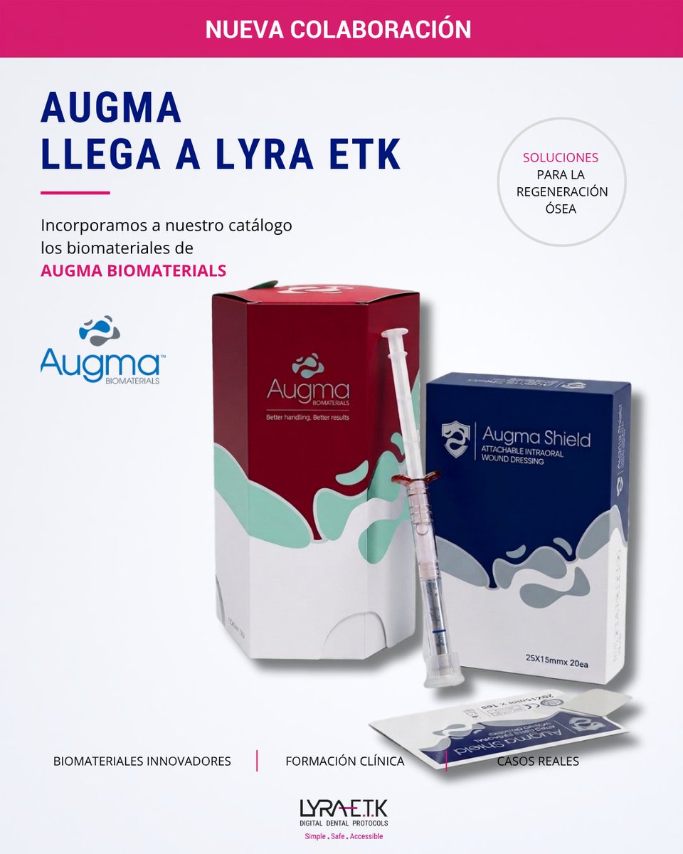 EtkLyra's tweet photo. 🚀 ¡AUGMA llega a LYRA ETK!
Ya forma parte de nuestro catálogo una nueva gama de biomateriales para regeneración ósea.
En las próximas semanas compartiremos contenidos sobre:
🦷 Bond Apatite
🦷 Augma Shield
🎥 Vídeos y protocolos clínicos
📚 Casos clínicos y FAQs https://t.co/dhv8ZoNoPx