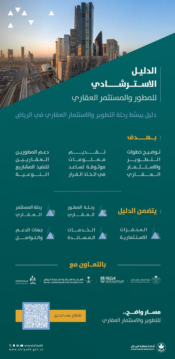 Amanatalriyadh's tweet photo. أصدرت أمانة منطقة الرياض «الدليل
الاسترشادي للمطور والمستثمر العقاري»
ليقدّم إطارًا متكاملًا يوضّح رحلة المطور
والمستثمر العقاري بـ مدينـة الرياض
بالتعاون مع الجهات ذات العلاقة.

#مسارك_أوضح

للمزيد 🔗
https://t.co/ppQ4hOeO4D https://t.co/gVGU1SlIBl