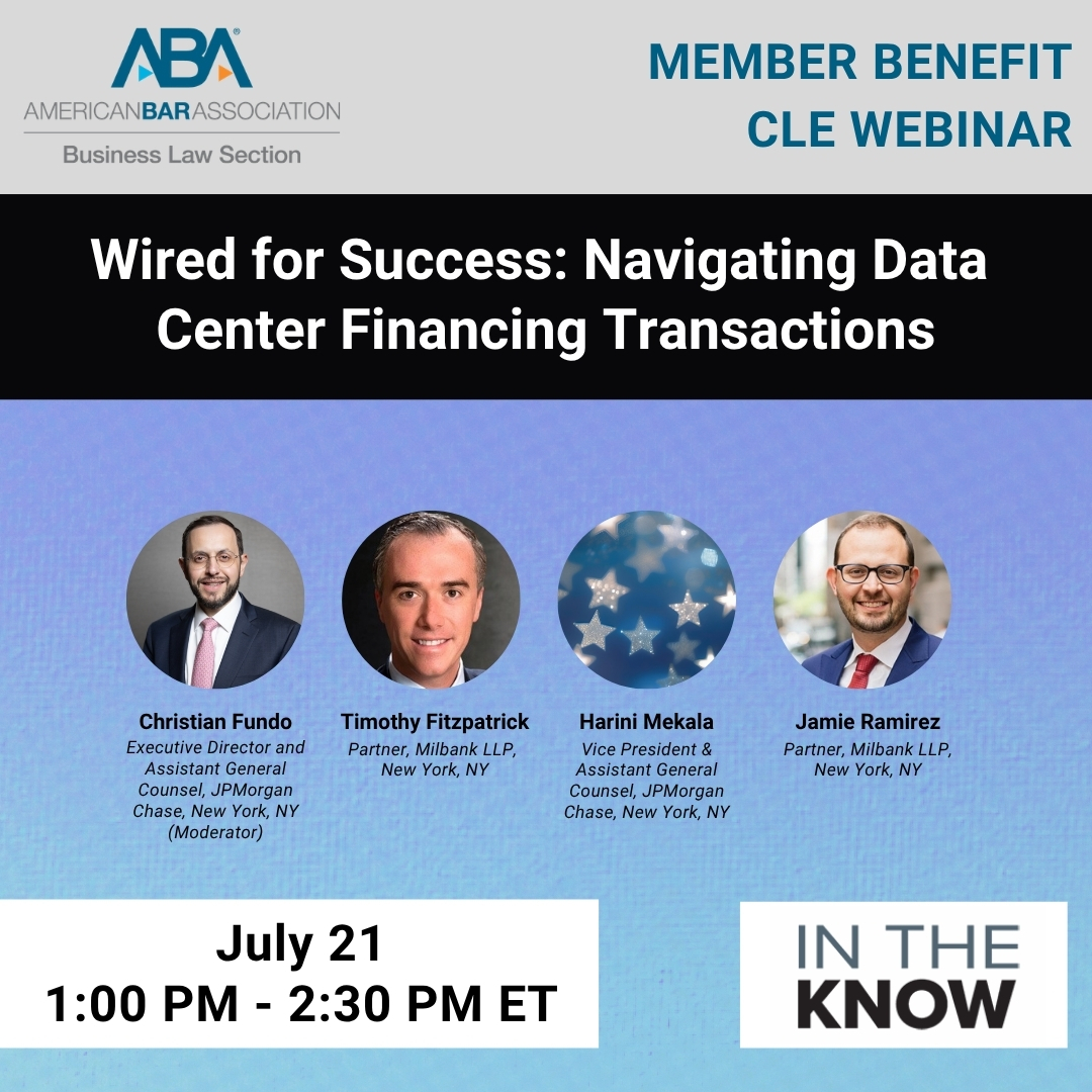 ABABusLaw's tweet photo. Please join us for the Commercial Finance Committee's Webinar - Wired for Success: Navigating Data Center Financing Transactions on July 21, 2026 at 1:00 PM ET.

Register: https://t.co/a9kaA6aI2C https://t.co/hDLAbdIgtQ