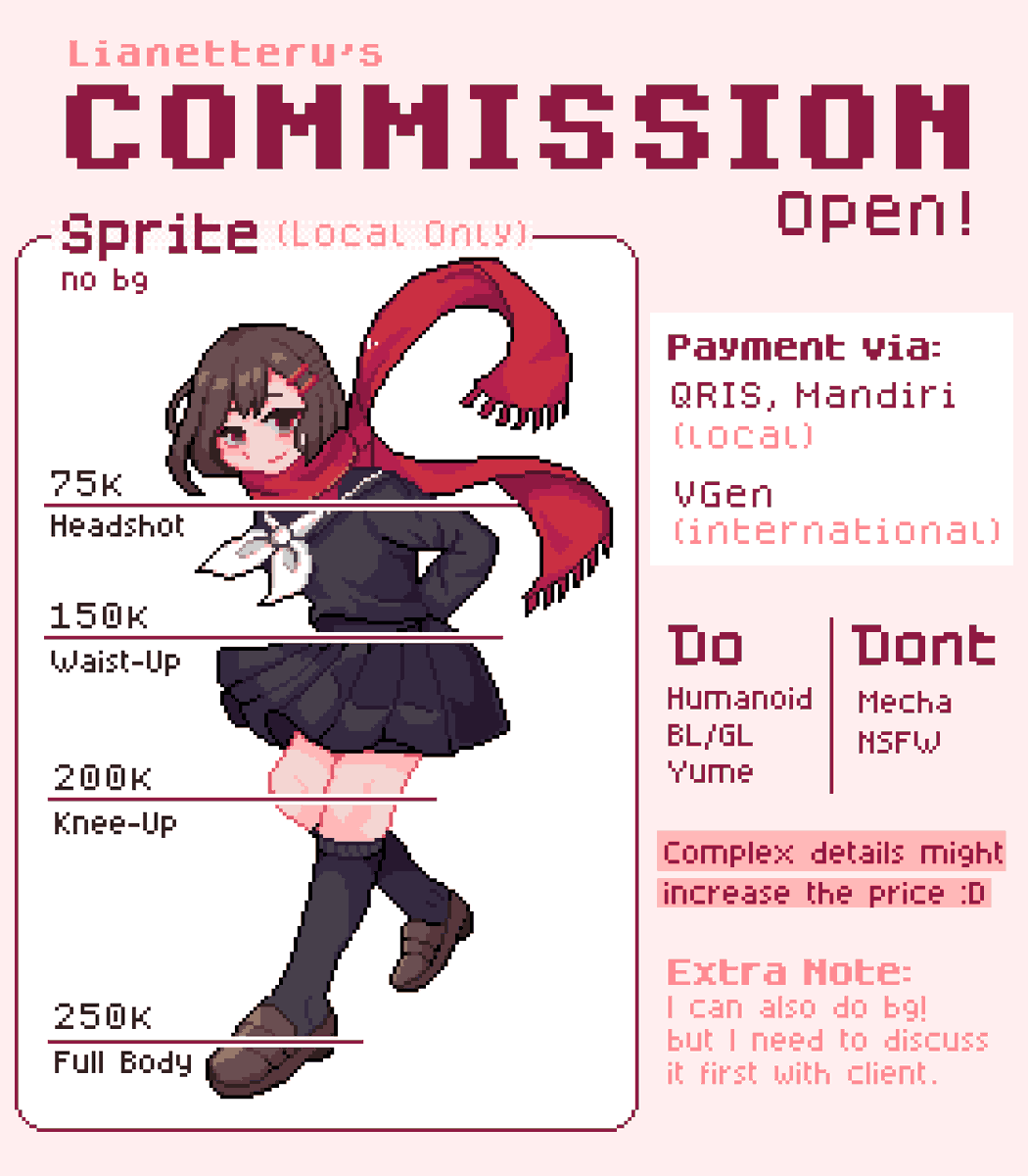 lianetteru's tweet photo. [♡ + ↺] 
COMMISSION OPEN!  

Hello, I'm opening pixel art comms for local (via DM) and international clients (via VGen)!
Limited slots available, so grab yours fast 💗

❥ Full ToS and samples: https://t.co/HRdhBhT6tB

#VGenOpen #CommissionOpen https://t.co/UzBqviYac9