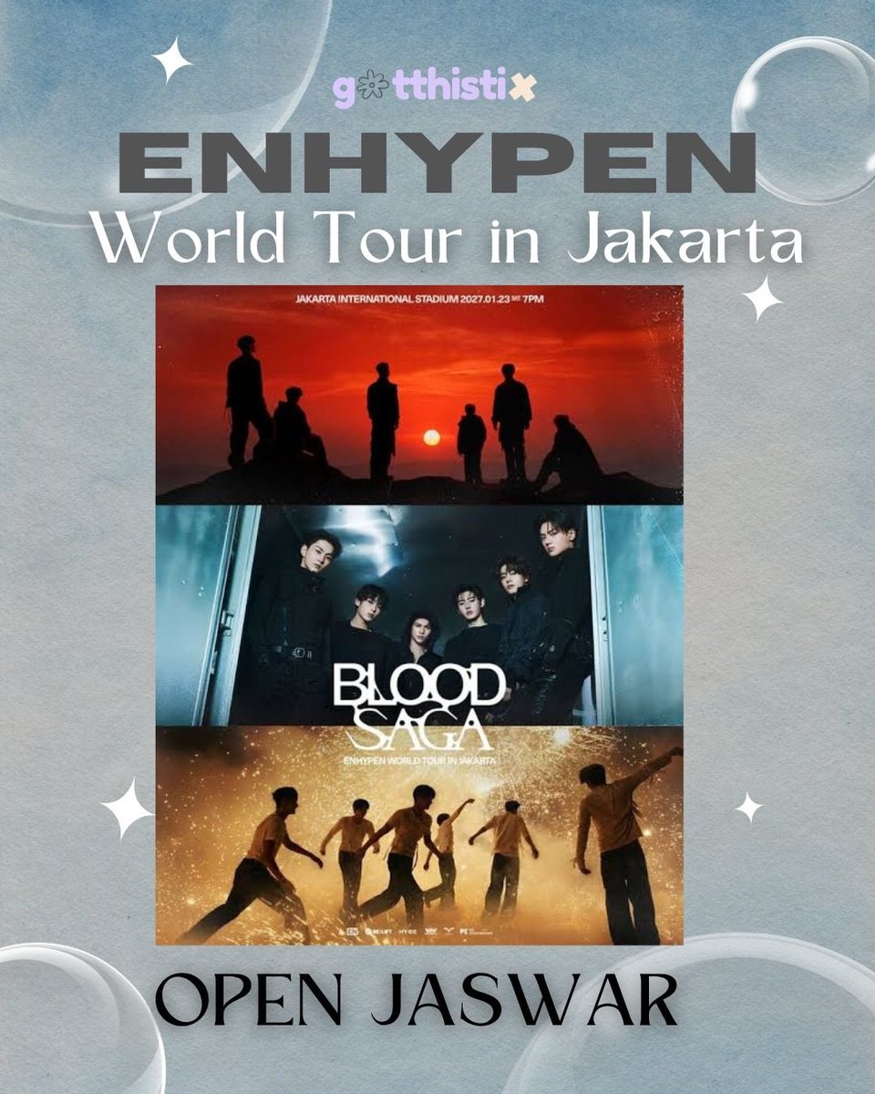 gotthistix's tweet photo. Open Ticketing Service Jaswar ‘BLOOD SAGA�� Enhypen World Tour 2027 by #gotthistix 

📍JAKARTA ONLY

🗓️ Share Form:
Jumat, 10 Juli 2026
⏰ 11.00 AM

💸 Fee per ticket - IDR 300K 
📌Open for all Ticket Except VIP
✨ Self payment &amp; using your own data

🏷️ TICKETING SERVICE &amp; JASWAR https://t.co/oVOrEgMCrR