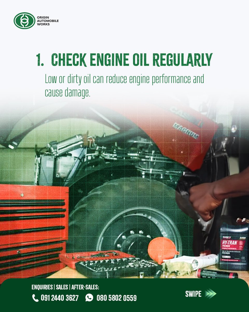 oawnigeria's tweet photo. Your tractor works hard every day. Give it the care it deserves. Routine maintenance helps prevent costly repairs, reduces downtime, and keeps your farm productive.

📞 091 2440 3627 | 080 5802 0559

#OriginAutomobileWorks #TractorMaintenance
#tractorforsaleinnigeria https://t.co/QgaE4TvnAt