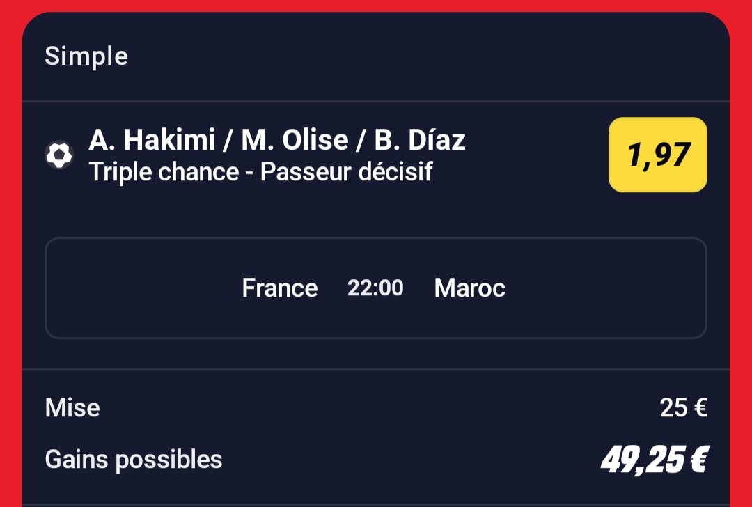 BetClem_'s tweet photo. BETS #WORLDCUP2026 🌍 09/07  🗓️ 

🇫🇷 O. Dembélé décisif @2.00 (1%) (Sub + Prolongation)
🇫🇷 Olise ou 🇲🇦 Diaz ou 🇲🇦 Hakimi passeur décisif @1.97 (1%)

Mes seuls bets pour le moment sur ce match, je vois la et j'espère la qualification de la France mais je ne suis pas emballé par la cote. Cela me semble bas et en étant objectif je pense qu'un handicap côté Maroc serait plus intéressant.

👉 Il est toujours préférable d'attendre les compositions officielles si possible pour les paris sur les joueurs. (C'est pas forcément possible pour tout le monde.)

Début 22h00 🕙
❤️ Si tu soutiens 
#TeamParieur