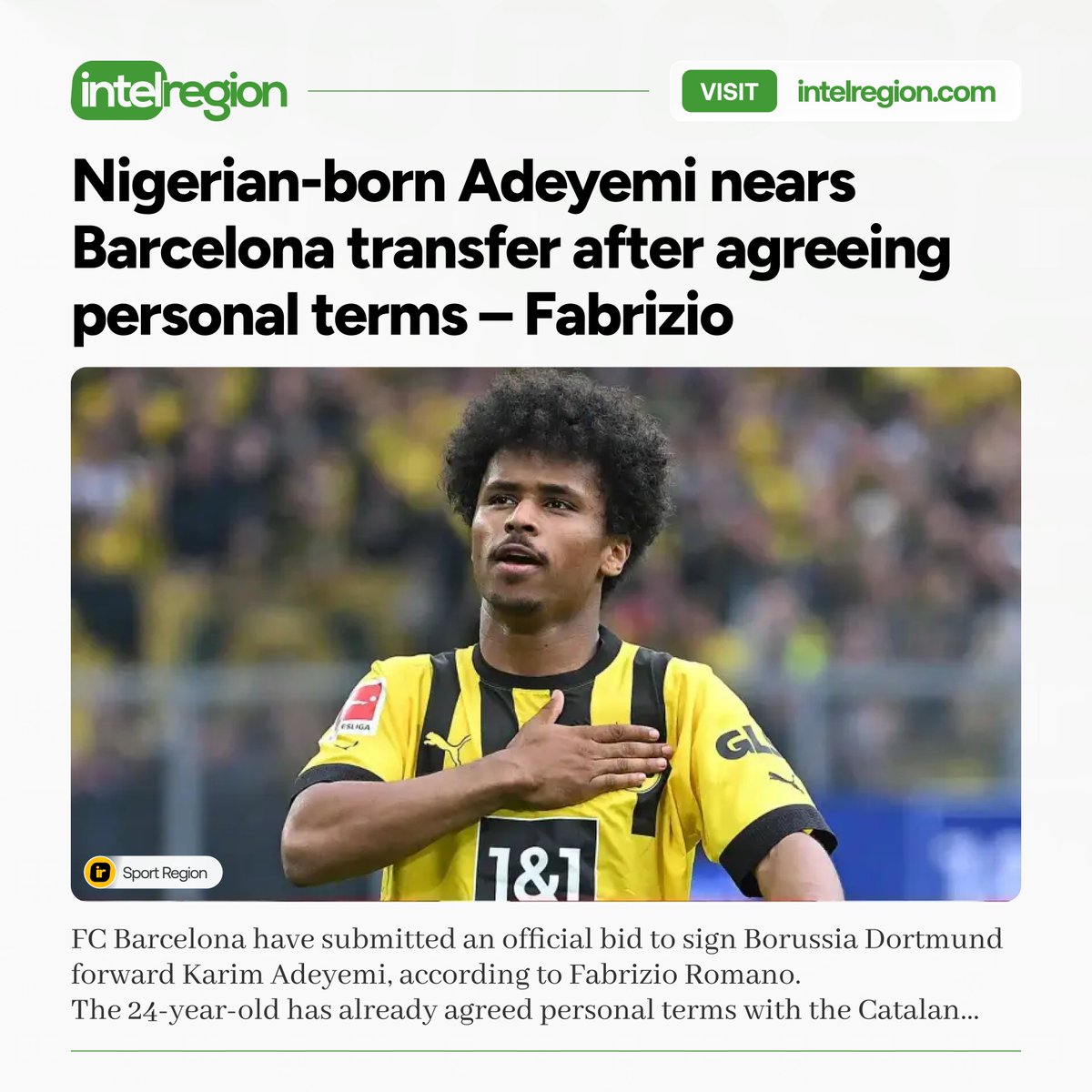 Daniel58904's tweet photo. Fabrizio Romano has dropped the bomb! 💣 Adeyemi has agreed personal terms with Barcelona! 🇳🇬🔵🔴 Omo, our Naija boy is really heading to Camp Nou. Fabrizio, please give us the "Here We Go" already, we are fully ready to support! 🦅🔥 https://t.co/mO26K6wfRT