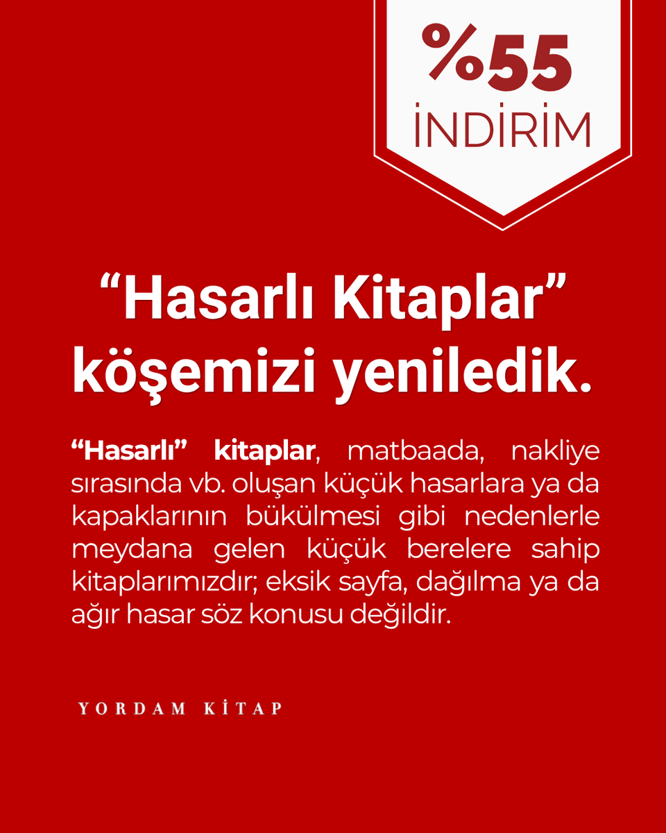 YordamKitap's tweet photo. 📢Hasarlar ufak tefek, stoklar sınırlı!
Sevgili Okurlarımız,
“Hasarlı Kitaplar” köşemizi yeniledik. “Hasarlı” kitaplar, matbaada, nakliye sırasında vb. oluşan küçük hasarlara ya da kapaklarının bükülmesi gibi nedenlerle meydana gelen küçük berelere sahip kitaplarımızdır; eksik sayfa, dağılma ya da ağır hasar söz konusu değildir. 
Hasarlı kitaplarımızı %55 indirimle edinebilirsiniz:
https://t.co/MciqfhME79