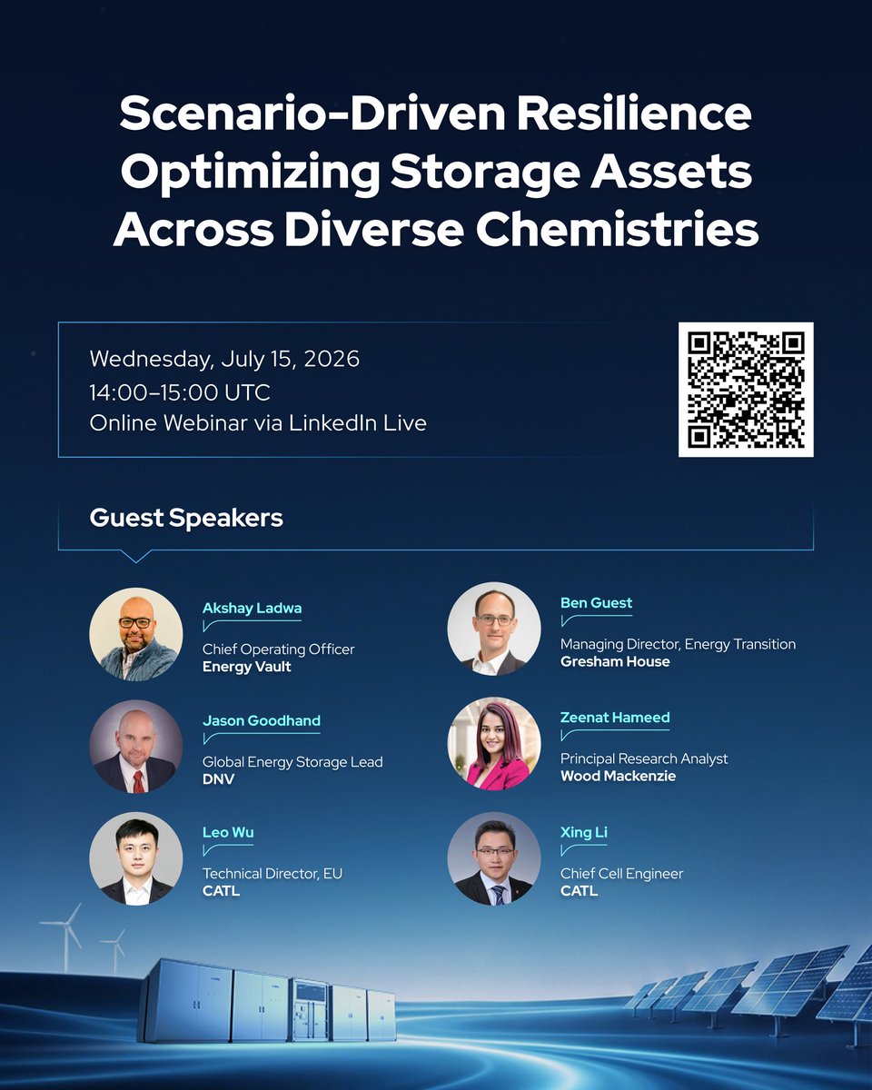 catl_official's tweet photo. Optimizing Storage Assets Across Diverse Chemistries.
Join CATL and industry experts to explore the synergy of lithium-ion and sodium-ion technologies.
Optimize resilience. Ensure ROI certainty.

📅 Wednesday, July 15, 2026 | 14:00–15:00 UTC
🔗 Scan the QR or click the link: https://t.co/dtTTM5OQs1

#CATL #EnergyStorage #ESS #Webinar #FutureOfEnergy