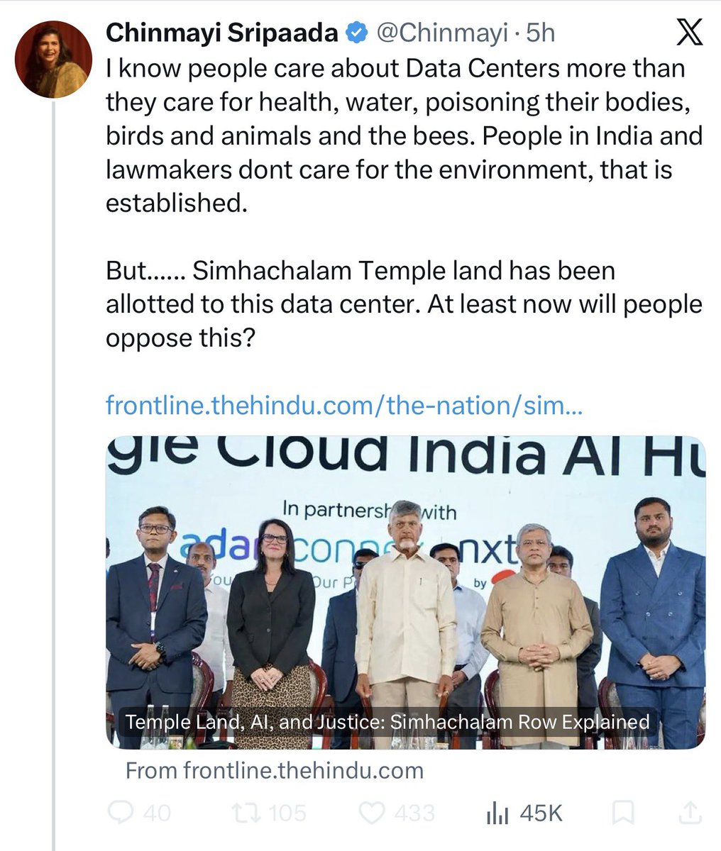 unexpected5678's tweet photo. Simhachalam temple wasn’t touched. Idle revenue land will now generate income for Appanna’s seva while building AP’s AI future.
Encroachers held temple lands for 70 years — silence. 
A data center that pays the deity — outrage.
“At least now will people oppose this?” — the temple is your hook, not your cause.

@Chinmayi