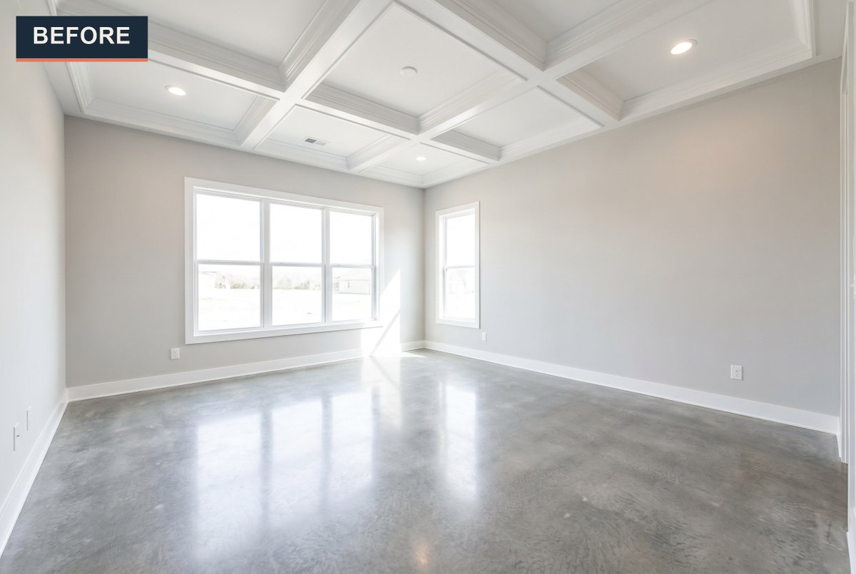 Staging_Studio's tweet photo. That coffered ceiling and polished concrete deserved a living space to match. A linen sofa, wood coffee table, and botanical prints bring warmth without competing with the architecture. #VirtualStaging #RealEstateMarketing #RealEstatePhotography https://t.co/WqAFCFJaui