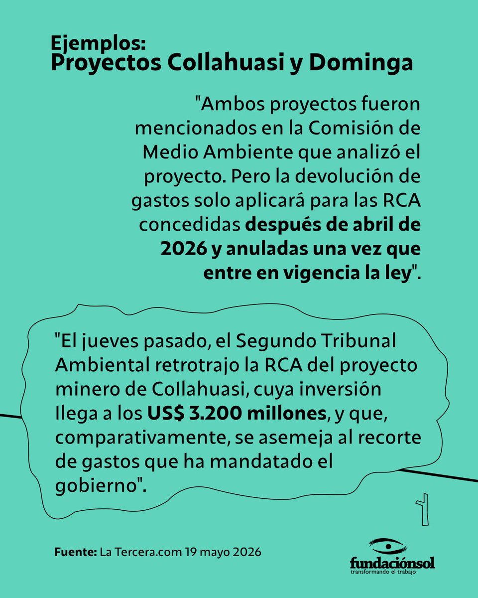lafundacionsol's tweet photo. [Megarreforma empresarial] Comisión de Medio Ambiente del Senado aprobó  indicación que permite a las empresas pedir una indemnización si un  tribunal revoca la Resolución de Calificación Ambiental (RCA) de un  Proyecto de Inversión. Aunque no aplicaría para estos proyectos, dos  casos mencionados en el debate del Senado fueron Dominga y Collahuasi.  Esta última con una inversión de US$3.200 millones. El mismo gobierno  que se niega a discutir sobre condonar la deuda del CAE, impulsa un  proyecto para "Indemnizar" empresas que según tribunales dañan el medio  ambiente y vulneran derechos en Chile.
