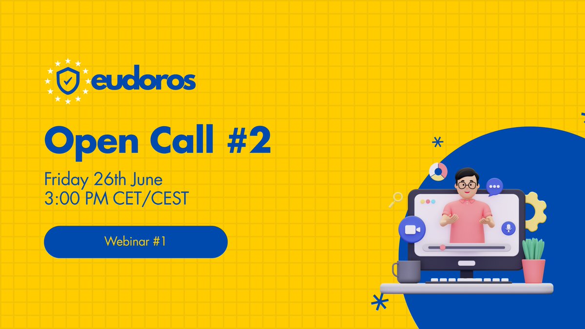 EUDOROSeu's tweet photo. 📢 Preparing your proposal for #EUDOROS Open Call #2?
Join Webinar #2 on 21 July, 15:00 CEST to learn how proposals will be evaluated, understand the selection criteria and get your questions answered.
⏳ Apply by 7 Aug.
🔗 https://t.co/vbHiWz06mn
#Cybersecurity #EUFunding https://t.co/Jg3ZqbuMQd
