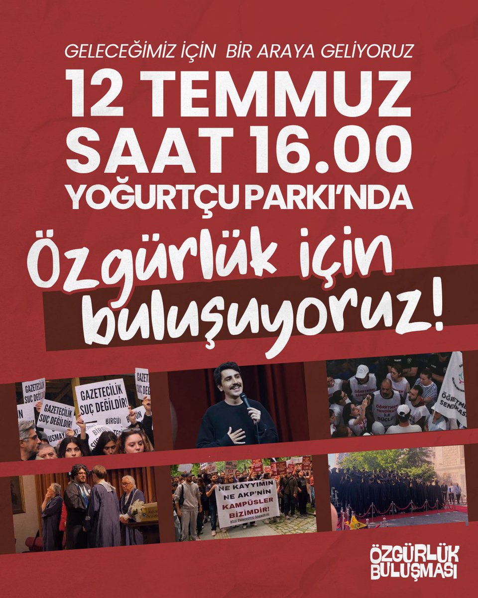 ozgurlukbulusma's tweet photo. Bu çağrı; yarın kaygısı taşımadığımız bir gelecek için, yan yana durma çağrısıdır.
Korkuyu, umudu ve yalnızlığı değil; birlikteliği büyütme çağrısıdır.
Denizlere özgürlük, gençlere özgürlük, yaşamın kendisine özgürlük çağrısıdır!

🕓12 Temmuz Pazar 16.00
📍 Yoğurtçu Parkı https://t.co/9EMB11vxBu