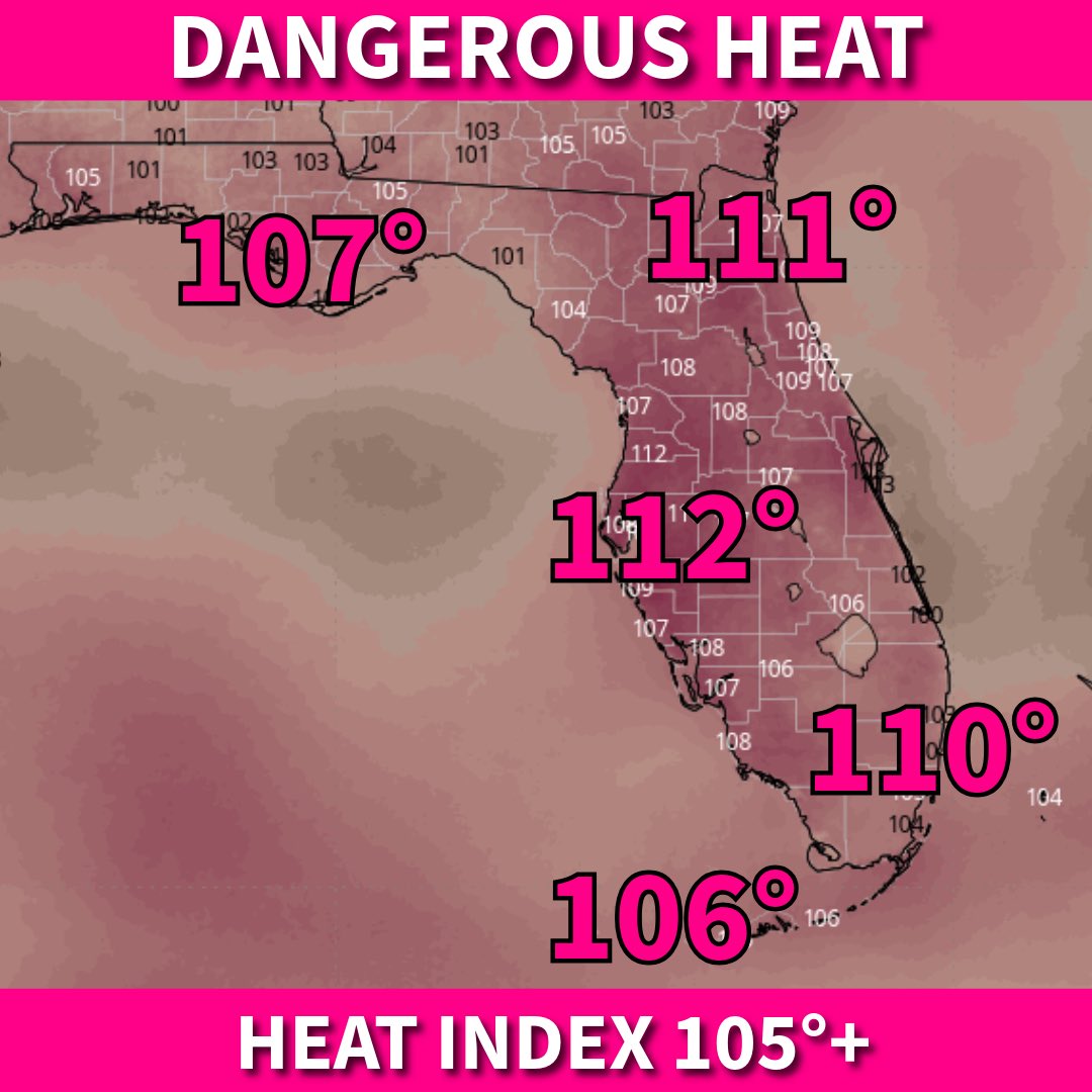 DylanFedericoWX's tweet photo. The heat and humidity will be as bad as it gets today, Florida! The heat index will soar above 105 across the state and the entire Peninsula is under a Heat Advisory. Drink lots of water and take frequent breaks in the air conditioning! #flwx 🥵☀️🔥 https://t.co/FOvulk4tbY