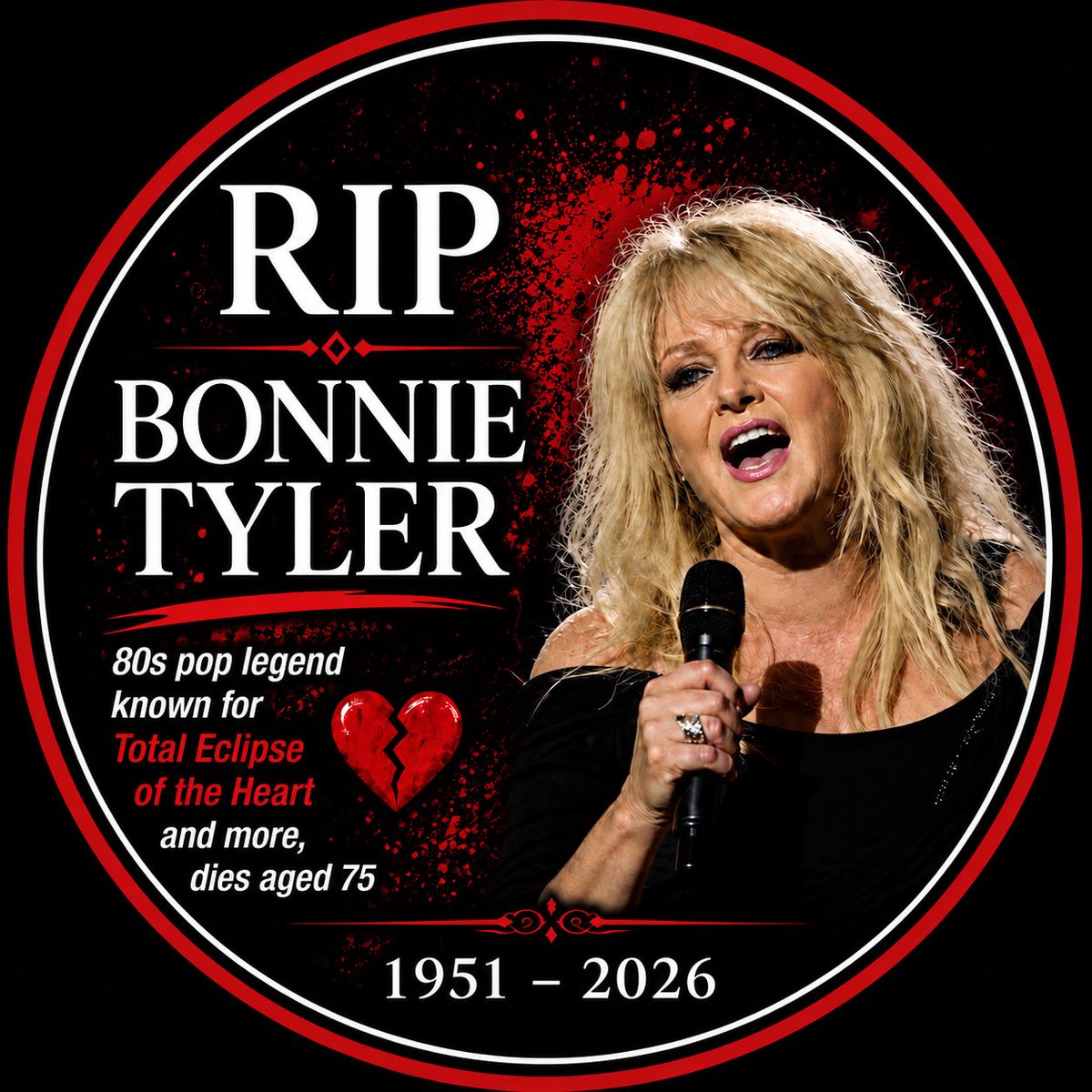 GeneBeard1966's tweet photo. RIP Bonnie Tyler. 💔
“Total Eclipse of the Heart” will always be one of my favorite songs. Thank you for the music. Rest in peace.
#BonnieTyler #RIP https://t.co/r4uzxmibCC