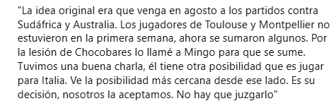 Perrugby's tweet photo. 🇦🇷🇮🇹 En conferencia de prensa, Felipe Contepomi confirmó que Domingo Miotti tomó la decisión de jugar para Italia.

Su último test con los Pumas fue en el 2022 y podrá unirse al grupo de argentinos en representar a la Azzurra. https://t.co/ECurxFzLdm