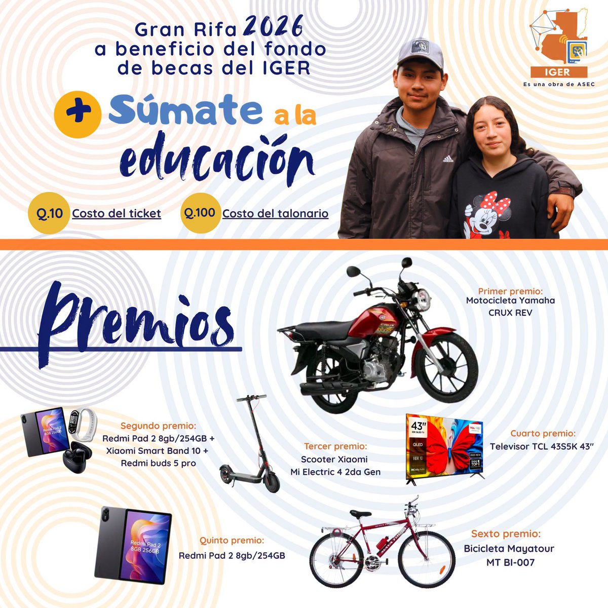 IGEReduca's tweet photo. Apoya a nuevos estudiantes comprando un número de la rifa. 📷 #súmatealaeducación
Costo del número Q.10.00 / Costo del talonario: Q.100.00
Gran sorteo:  31 de julio de 2026 
Para mayor información:
📷WhatsApp 58050960 https://t.co/UGqHhrjSua
📷Correo electrónico: rifa@iger.edu.gt https://t.co/QL9EICafXd