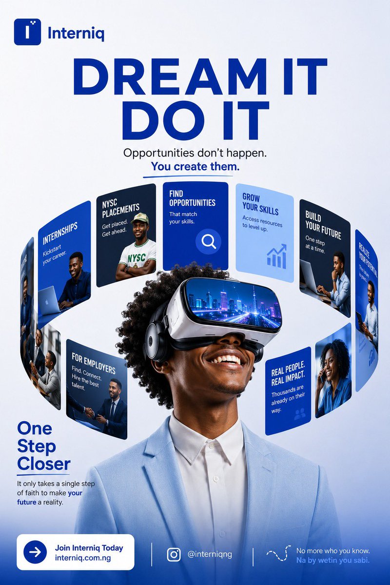 InterniqNg's tweet photo. What's one dream you've been putting off?

That job.
That internship.
That opportunity.

This is your sign to go for it.

Dream it. Plan it. Work for it. Build it. Live it.🚀

#Interniq #DreamItDoIt https://t.co/8I529ONd4R