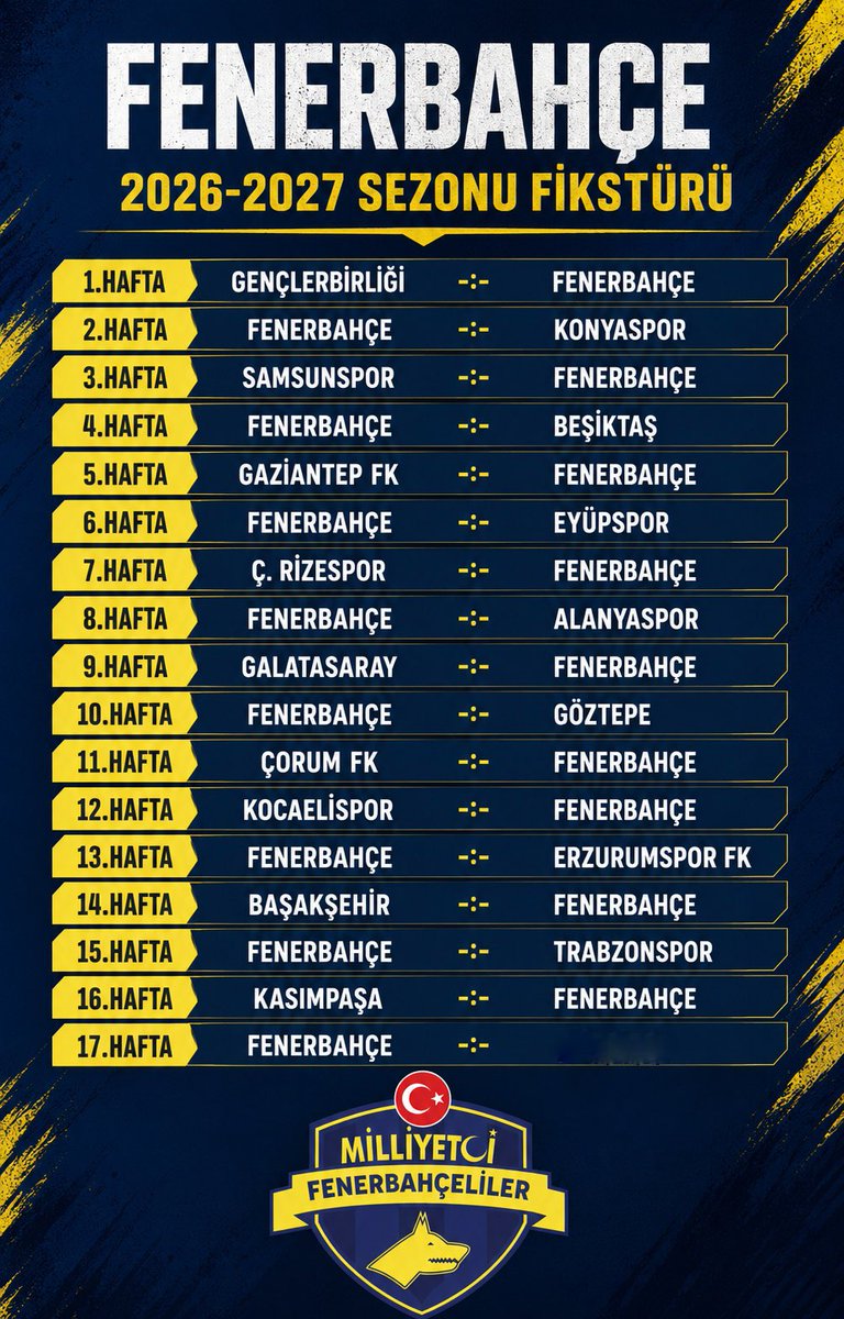 milliyetciFB's tweet photo. 2026-2027 sezonu fikstürü Fenerbahçemiz için hayırlı olsun.
120. yılımızda şampiyonluk inancıyla yeni sezona başlıyoruz.
#MilliyetçiFenerbahçeliler https://t.co/kgCsPTup2f