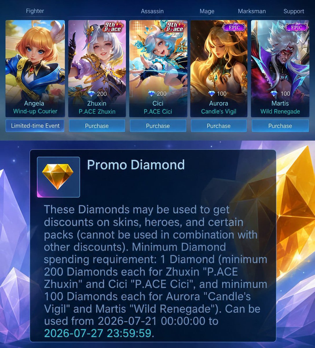 Txtmlbb_'s tweet photo. Skin yang akan tersedia di toko dengan Promo Diamond

Zhuxin dan Cici
Harga: 200💎 dan ± 💎 Promo

Aurora dan martis
Harga: 100💎 dan ± 💎 Promo https://t.co/YxeMXv0cJo