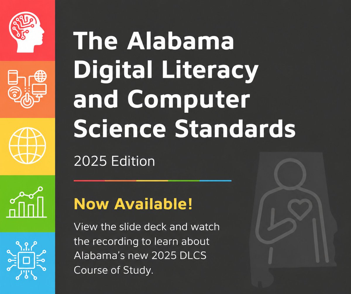 TeachwithALEX's tweet photo. 🎥 Missed our virtual DLCS training?
Watch the recording to learn about Alabama's 2025 DLCS COS, including new standards, implementation timelines, Unpacked Content, and classroom-ready ALEX resources.
📺 Watch: https://t.co/swaDQ43MWV
📑 Slides: https://t.co/F4MhYsFktM https://t.co/frBrTvVqme