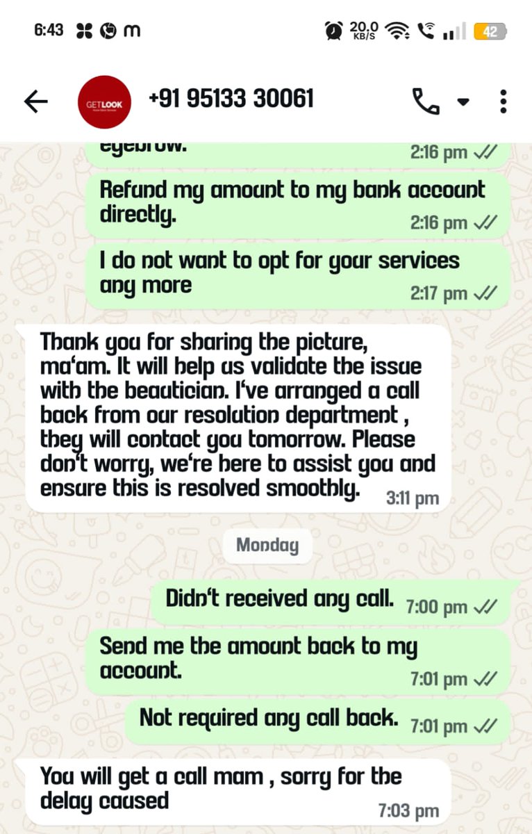 sujit_senapati's tweet photo. @getlookindia all your customer care does it reply on whatsapp and nothing. Attaching screenshots for your reference. So we want the refund but haven't heard anything yet. We have always booked your services but this experience makes us think otherwise. https://t.co/pbDGf1jTl0