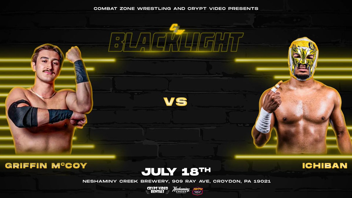 combatzone's tweet photo. CZW Blacklight RETURNS to Neshaminy Creek Brewing Company on July 18th!

Tickets on sale now!

https://t.co/N385Cix70T https://t.co/oU7MIPc3AR