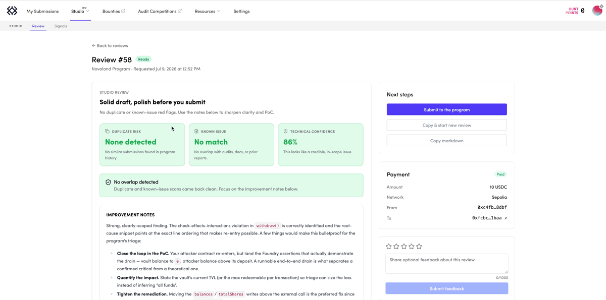 vidrepar's tweet photo. Studio tells you what's wrong with your bug bounty draft. Now your agent can fix it. 

Shipped a copy-as-markdown button. One click grabs the whole review: dupe scans and the weak spots. Paste it into your agent, it patches the draft, rerun until the review comes back clean.  

The review used to be stuck on the page. Now it goes where you actually work.  

What's your daily driver? Reply "Claude", "Cursor" or "Codex"