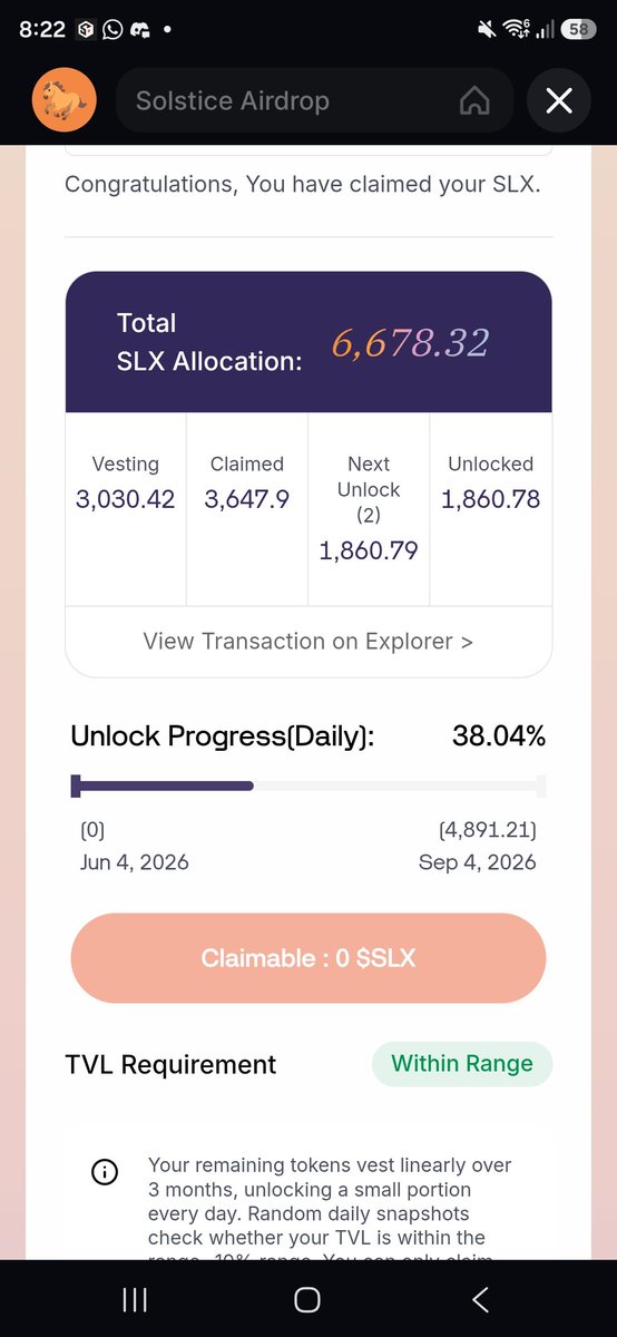 Alvacrypt0's tweet photo. Claimed my 2nd unlock

Sell for USDC, exchanged to $USX to maintain higher TVL, while season 2 flares will mostly be dependend on my YT-uSX . Standby to buy $SLX at the dip to watch it rise up (hopefully)

Still hoping a good run here. So use code : kyq9c43qC8 for your @solsticefi season 2