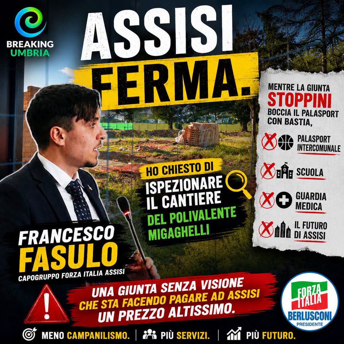 FasuloChiara's tweet photo. Cantiere Migaghelli fermo, spreco di fondi e servizi a rischio (scuola e guardia medica). Assisi paga l'immobilismo dell'Amministrazione Stoppini. Fasulo (FI) chiede risposte urgenti per la città. 🚧📉 #Assisi #SantaMariaDegliAngeli #ForzaItalia https://t.co/qZR2oBlZP2