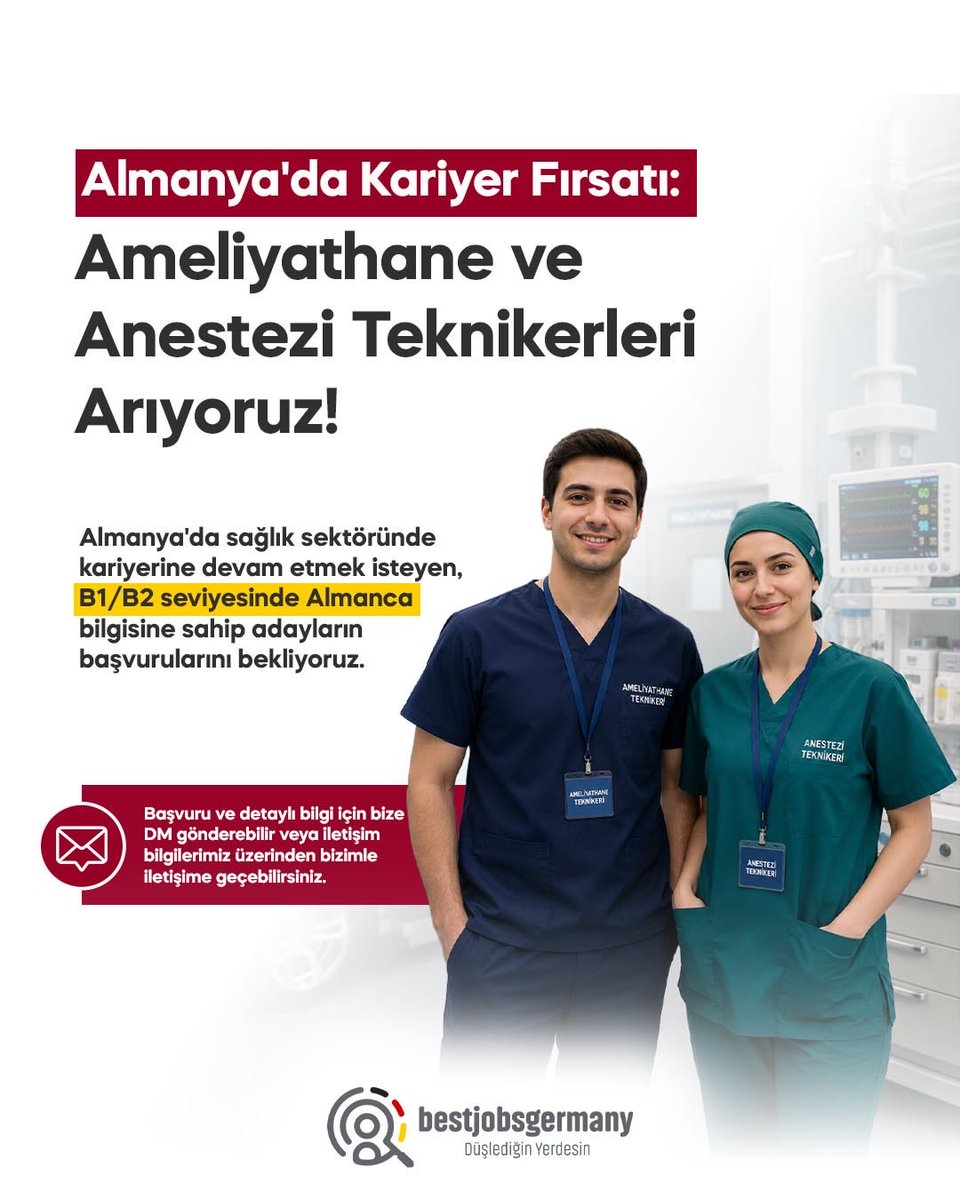 BestJobsGermany's tweet photo. 🇩🇪 Almanya’da kariyerine devam etmek ister misin?
Ameliyathane Teknikeri veya Anestezi Teknikeri olarak Almanya’da çalışma fırsatı seni bekliyor!
✅ B1/B2 seviyesinde Almanca bilgisine sahipsen başvurunu bekliyoruz.

#almanya #işilanı #ameliyathaneteknikeri #anesteziteknikeri https://t.co/abqw985rT6