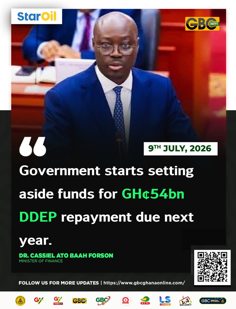 GTV_Ghana's tweet photo. The government has commenced setting aside funds to prepare for the upcoming GH¢54 billion Domestic Debt Exchange Programme (DDEP) repayment scheduled for next year, according to Minister of Finance Dr. Cassiel Ato Baah Forson.
#FinanceSector #DebtSettlement #EconomicRevival #GBCNews
