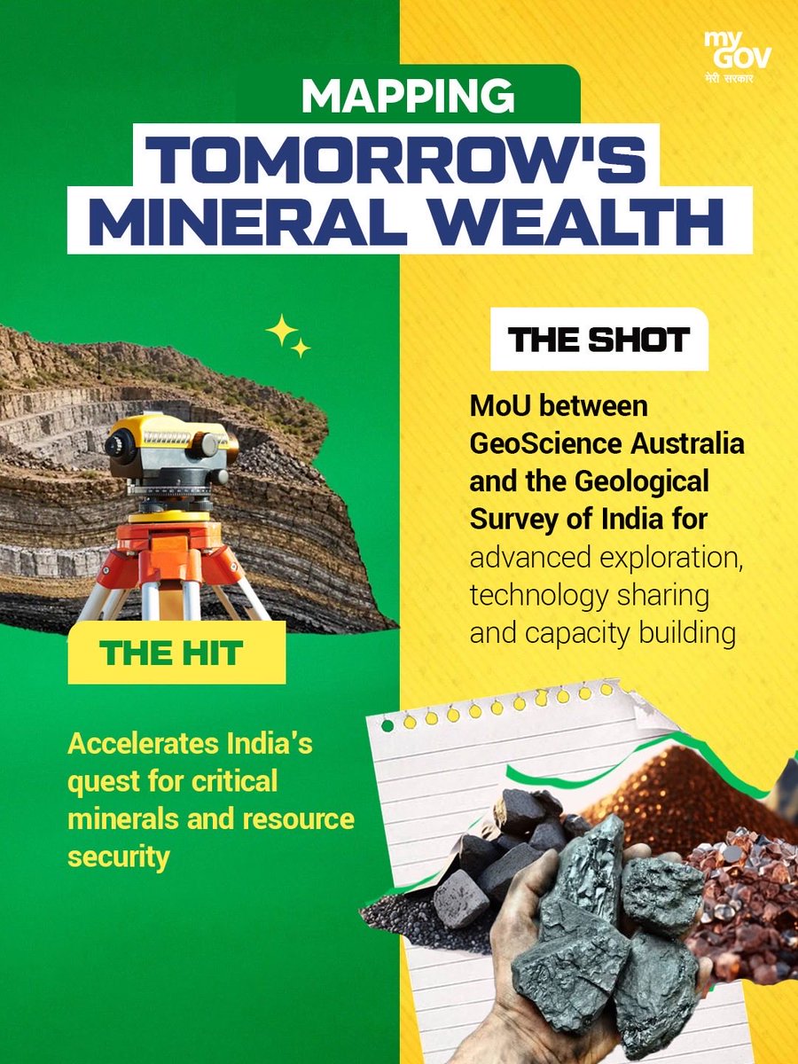 mygovindia's tweet photo. Critical Minerals Partnership Expands Cooperation!

The new MoU between GeoScience Australia and the Geological Survey of India will strengthen exploration, technology sharing, and capacity building, advancing India's critical mineral and resource security goals.

#PMModiInAustralia