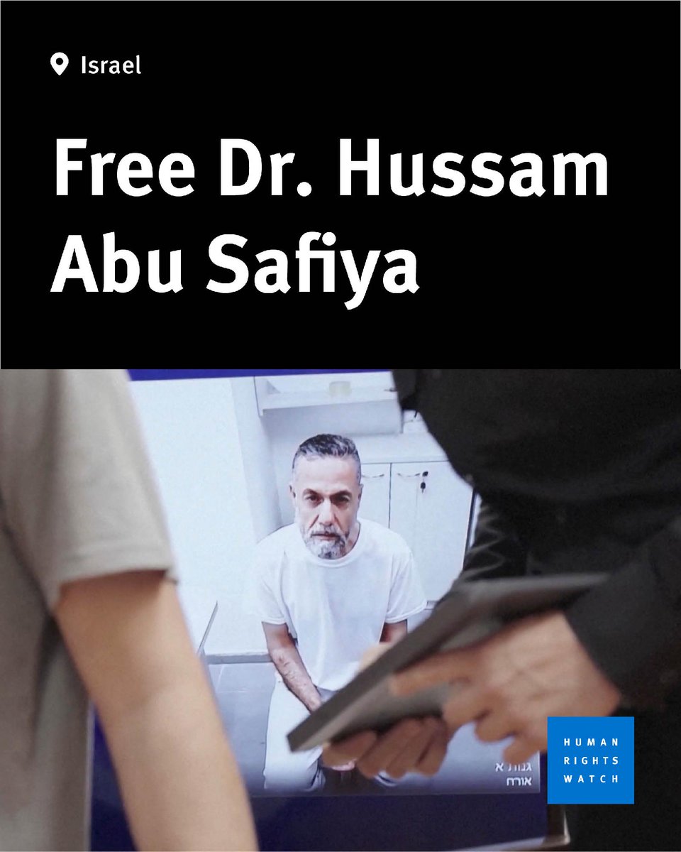 hrw's tweet photo. The life of Palestinian physician Dr. Hussam Abu Safiya, detained by Israel without charge for 18+ months, is reportedly under imminent threat.

Israel should immediately and unconditionally release Dr. Abu Safiya and other arbitrarily detained Palestinians.  

Read more on our documentation of Israel’s abuses against Palestinian healthcare workers: https://t.co/rRFF5pF4ws